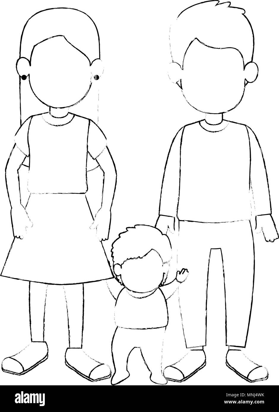 Contour drawing, family: mother, father and newborn baby Stock Vector |  Adobe Stock