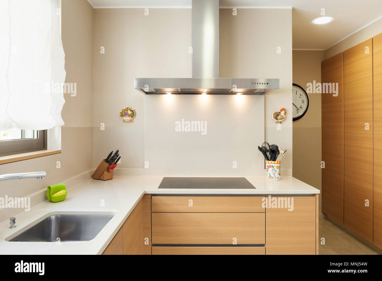 Interior of a modern apartment furnished, wide domestic kitchen Stock Photo