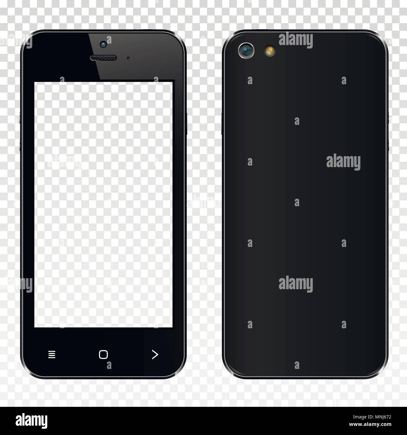 Realistic black smartphone with transparent screen isolated on transparent background. Front and back display view. Vector illustration. Stock Vector
