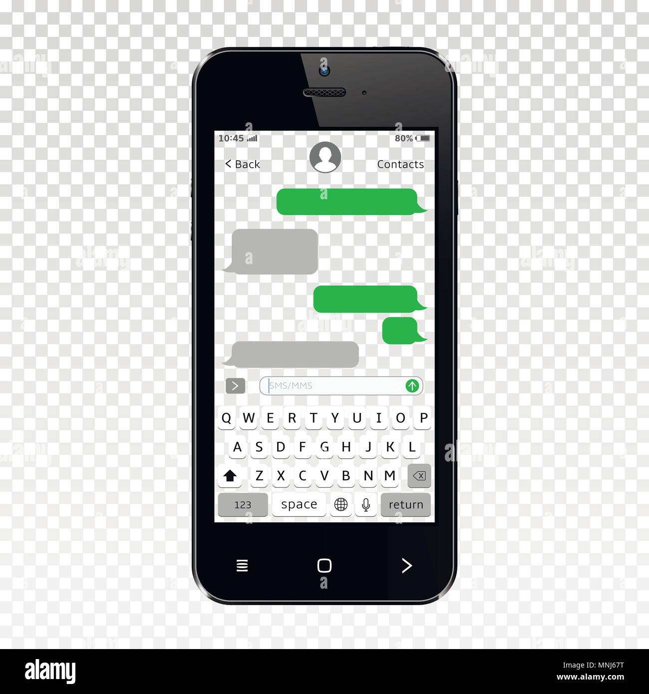 Mockup of mobile messenger on smartphone transparent screen isolated on transparent background. Vector illustration. Stock Vector