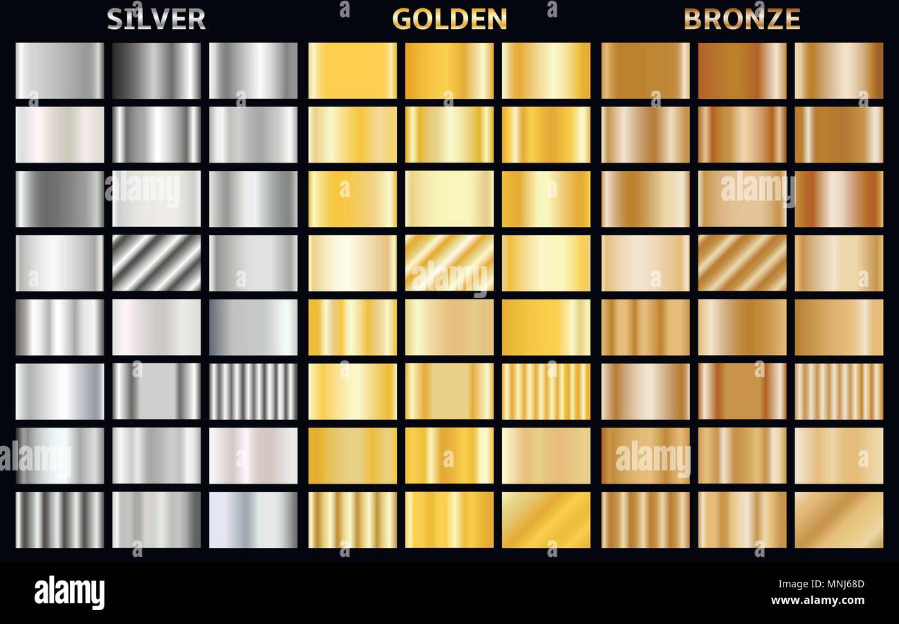Set of metallic gradients. Collection of gold, silver and bronze