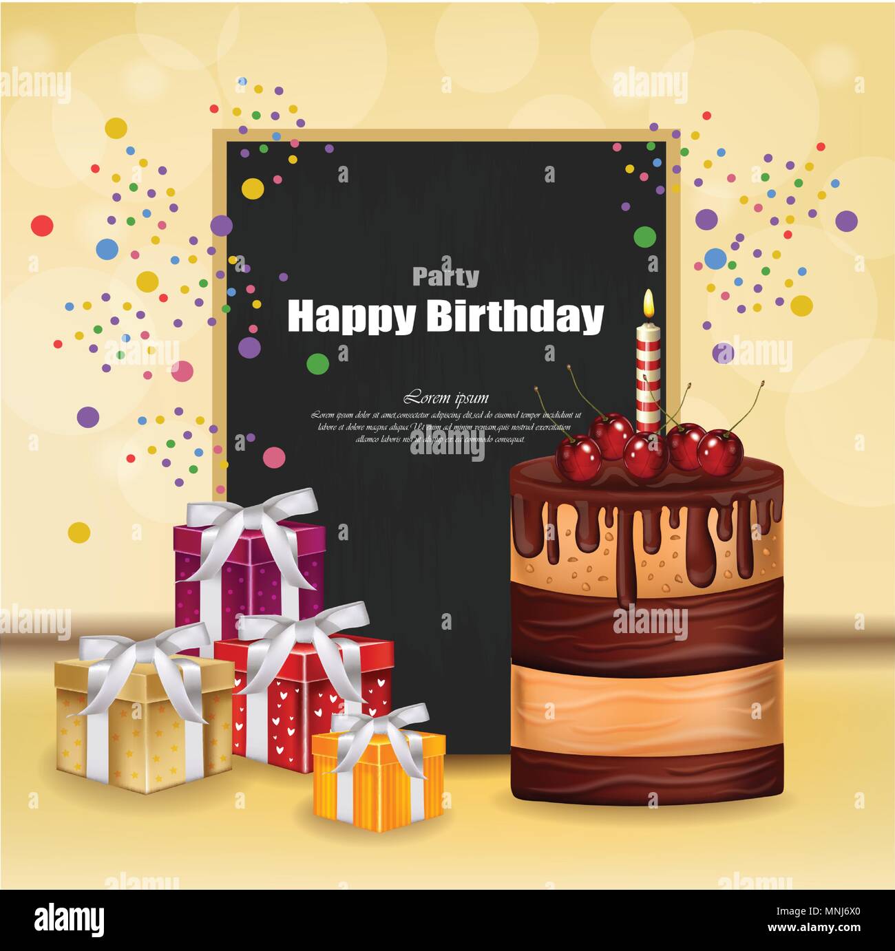 Party Invitation Card With Giftbox Cake And Balloons Vector