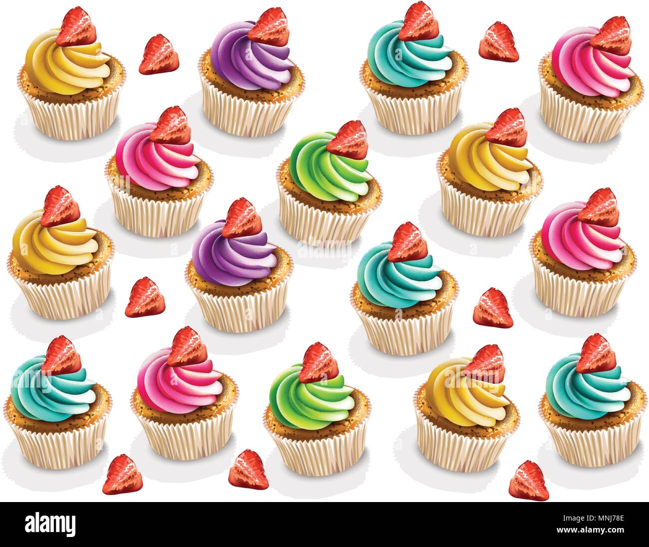 Cupcakes colorful pattern Vector realistic. 3d illustration Stock Vector