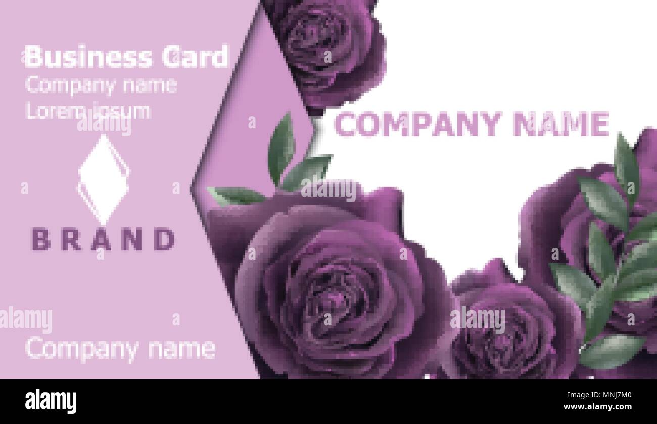 Business card with roses flowers Vector. Realistic floral decor backgrounds. Ultra violet color Stock Vector