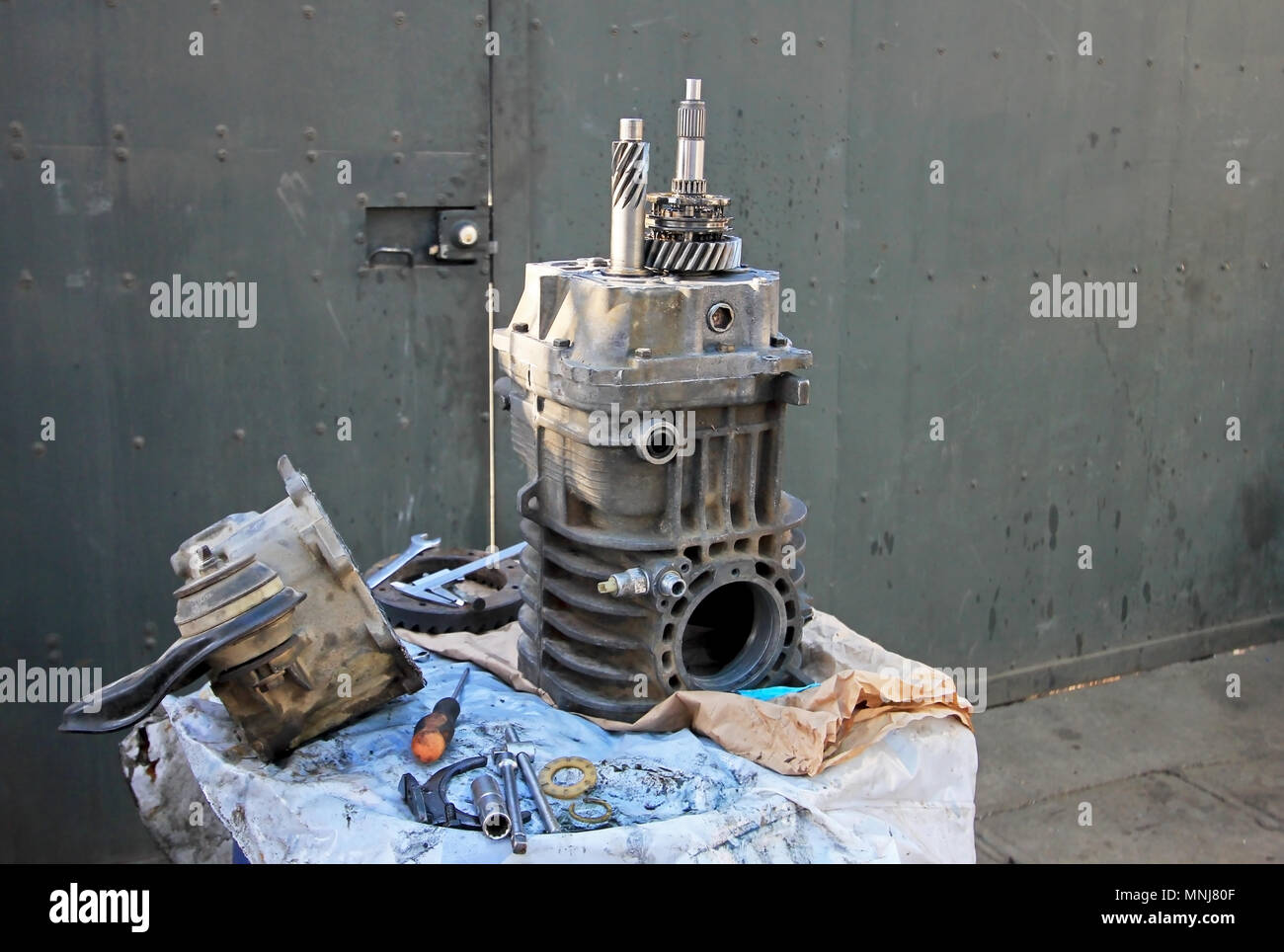 Transmission repair of an old german vintage van in Chile Stock Photo