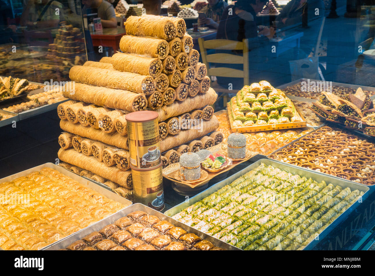 Turkish sweets on display at bakery 2018 Istanbul Stock Photo