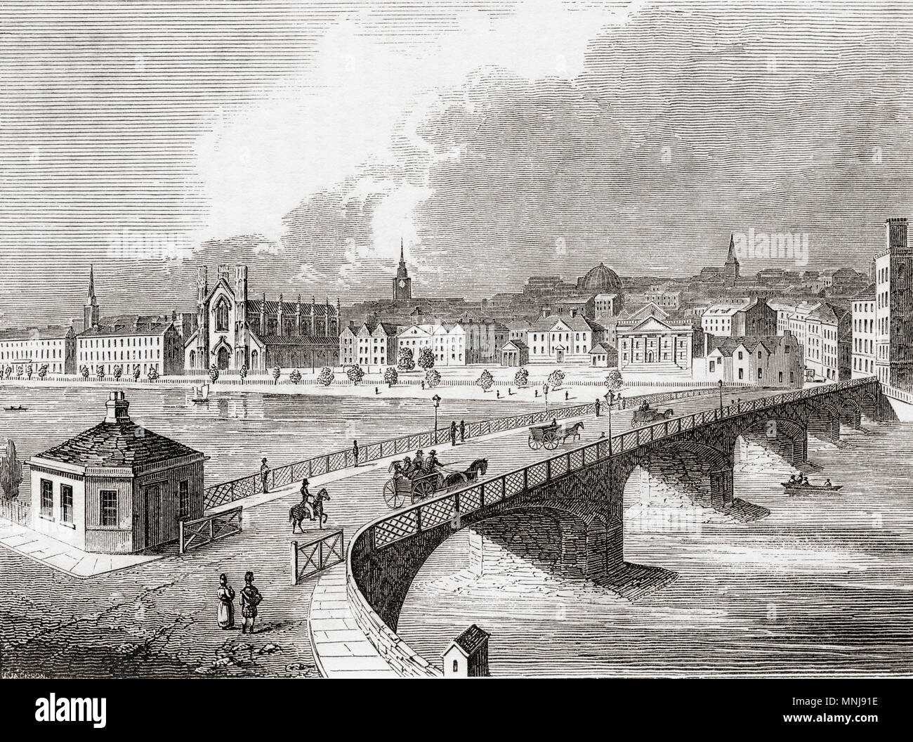 Glasgow Bridge, aka Bishop Rae's Bridge, Great Bridge, Old Bridge and Stockwell Street Bridge, Glasgow, Scotland, seen here in the early 19th century.  From Old England: A Pictorial Museum, published 1847. Stock Photo