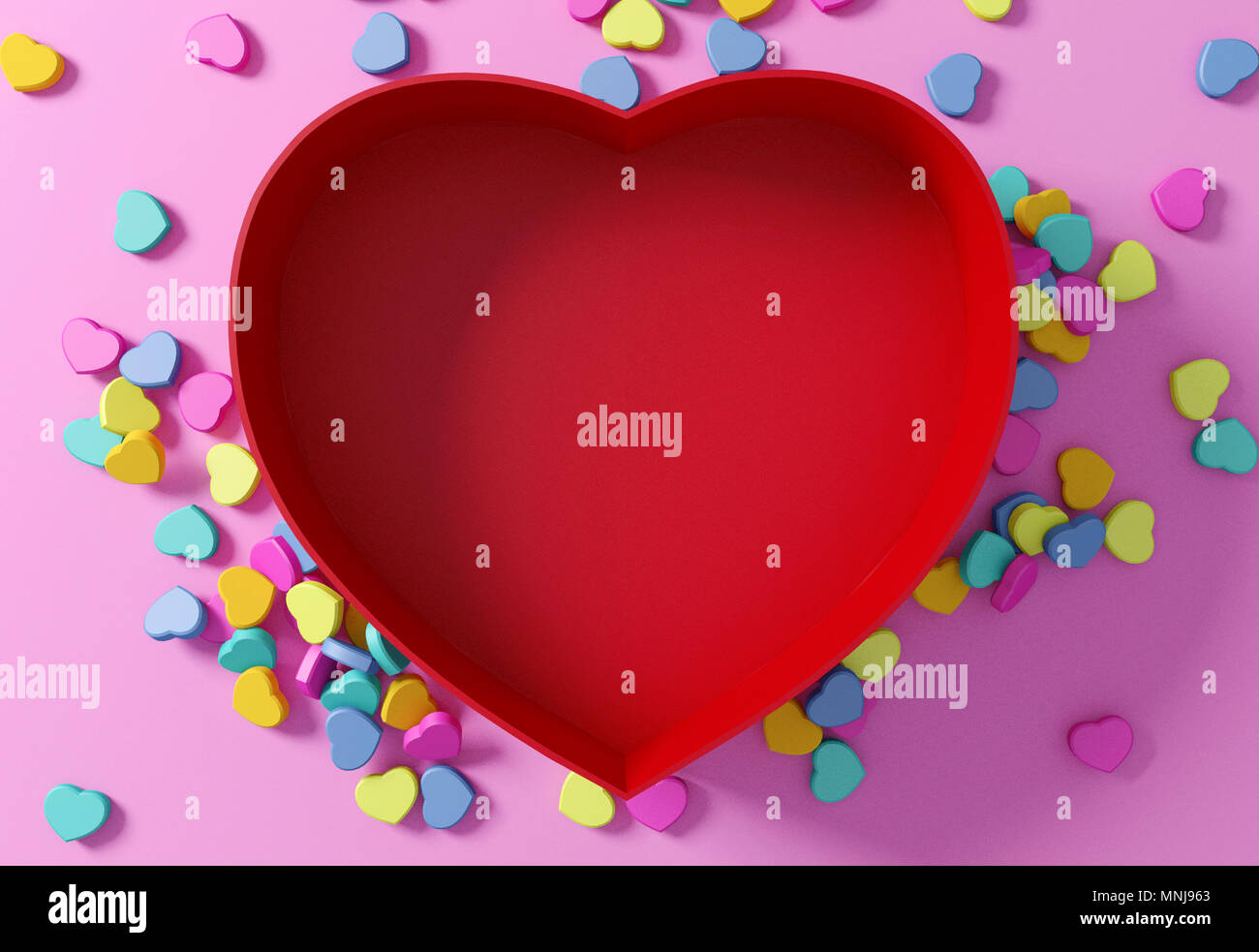 Empty red heart shaped box with mini hearts on pink background, 3D rendering Stock Photo