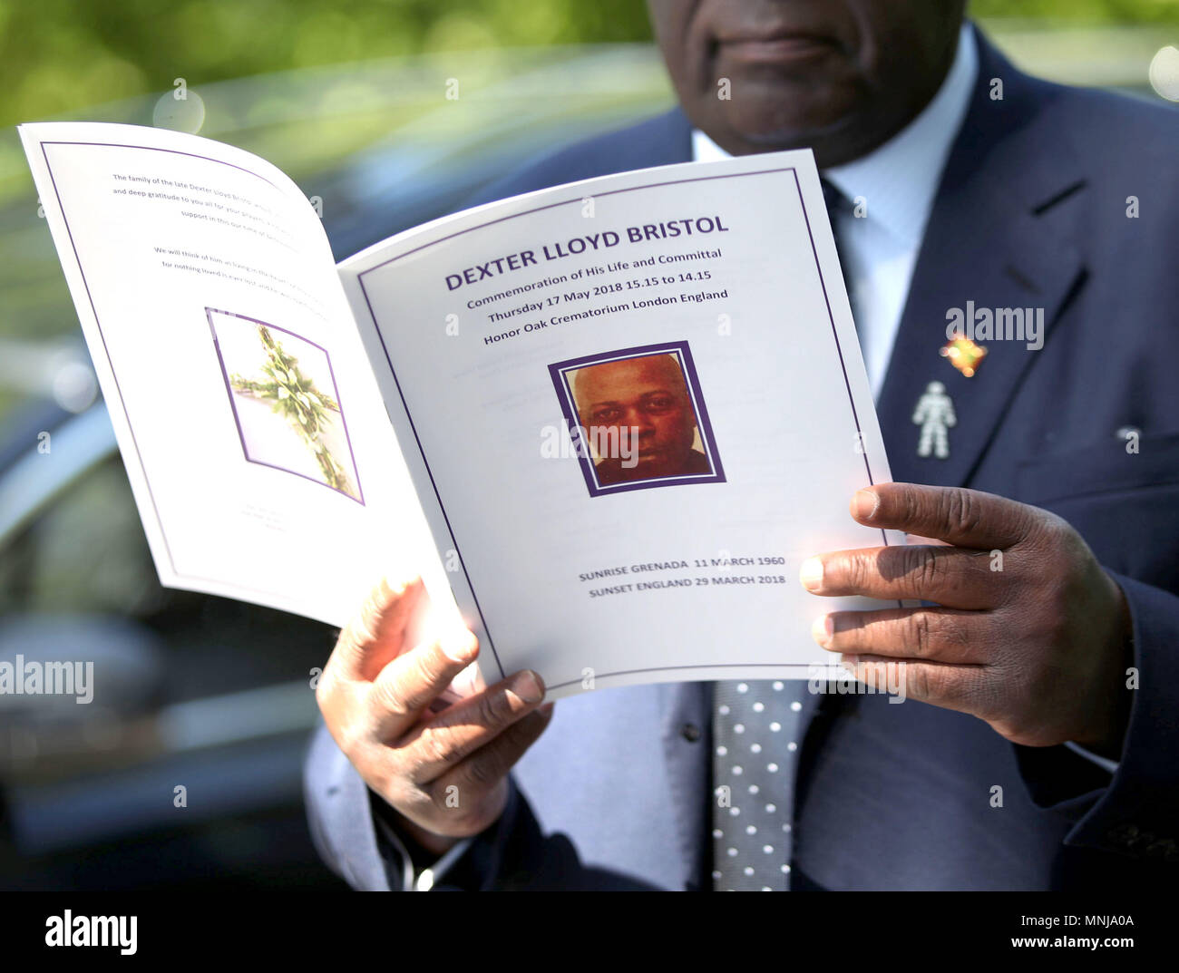 An order of service for the funeral of Dexter Bristol, one of the Windrush generation, during his funeral at Honor Oak Crematorium in London. Stock Photo