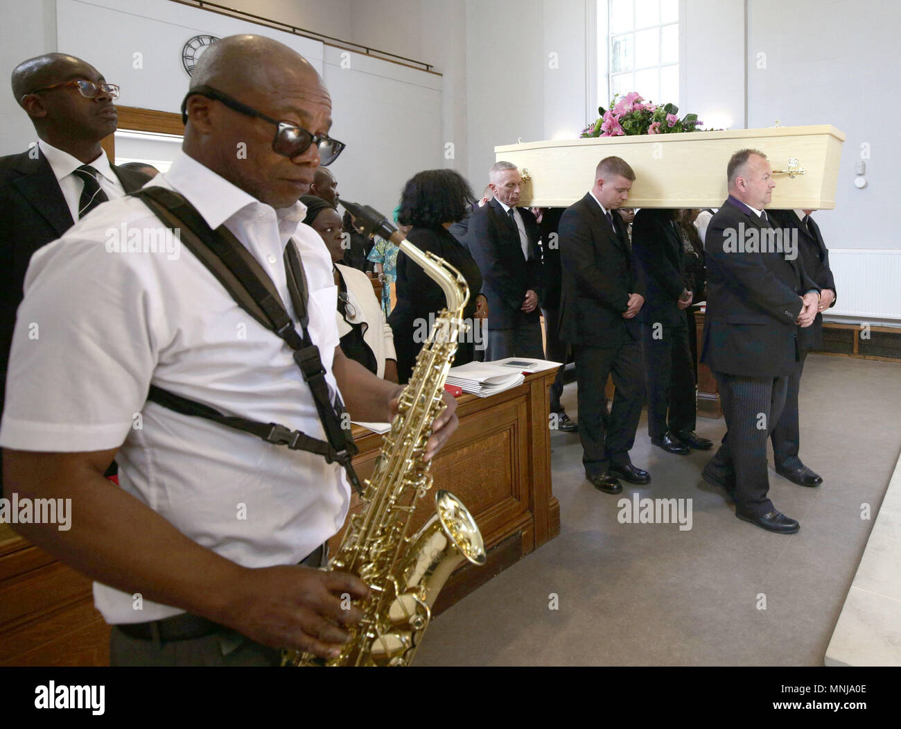 The coffin of Dexter Bristol, one of the Windrush generation, during his funeral service at Honor Oak Crematorium in London. Stock Photo