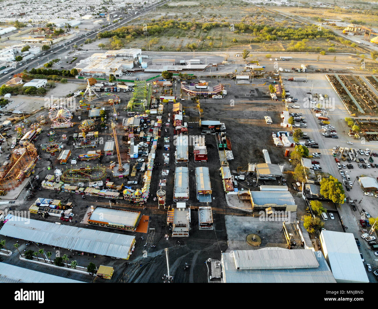 Aerial view of the Rodeo arena, rides and facilities and corrals of the