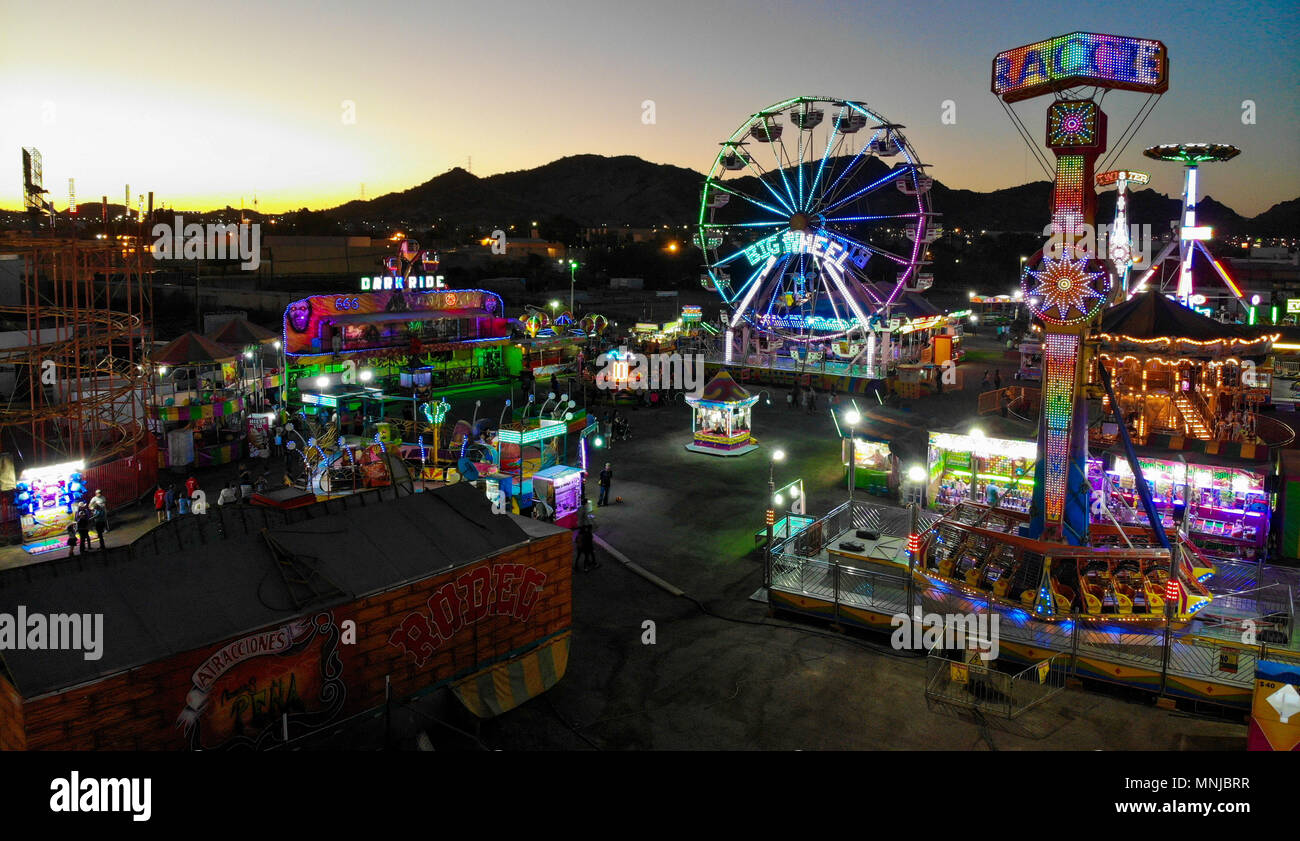 Fair and mechanical games, Feria y juegos mecanicos Aerial view of the  Rodeo arena, rides and facilities and corrals of the expo or Ganadera  Sonora Stock Photo - Alamy