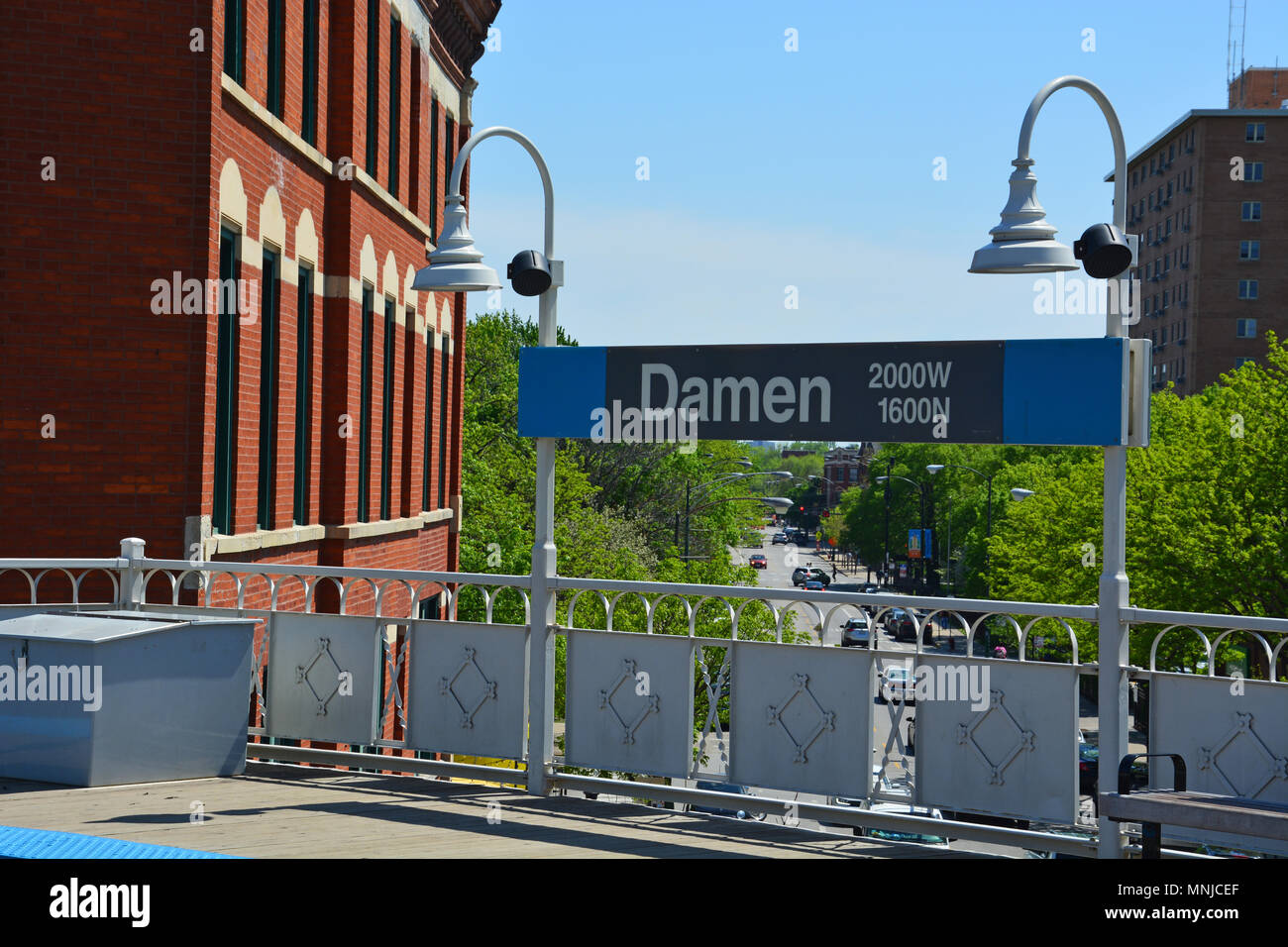 The Damen Avenue L-train stop in the hipster Wicker Park neighborhood of Chicago. Stock Photo