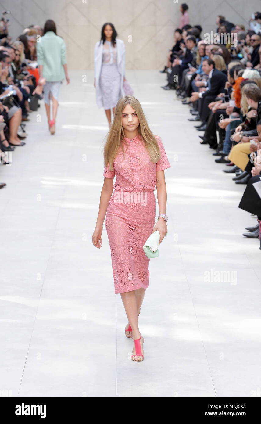 Model (Cara Delevingne) on the catwalk at the Burberry Prorsum fashion show  during London Fashion Week SS 2014. Somerset House, London 16 September 2014  --- Image by © Paul Cunningham Stock Photo - Alamy