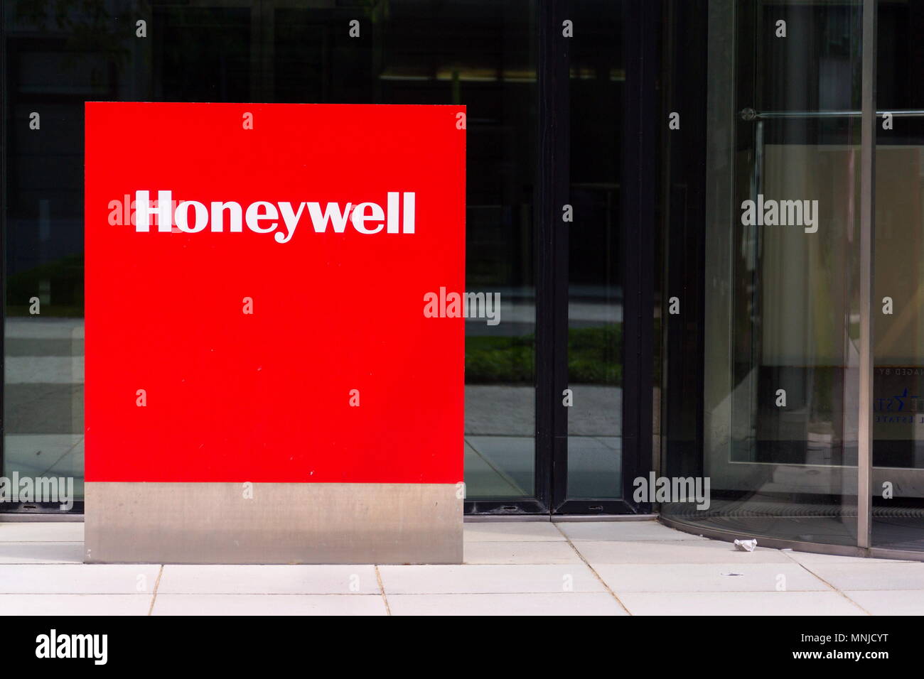 PRAGUE, CZECH REPUBLIC - MAY 10 2018: Honeywell company logo on headquarters building on May 10, 2018 in Prague, Czech Republic. Stock Photo