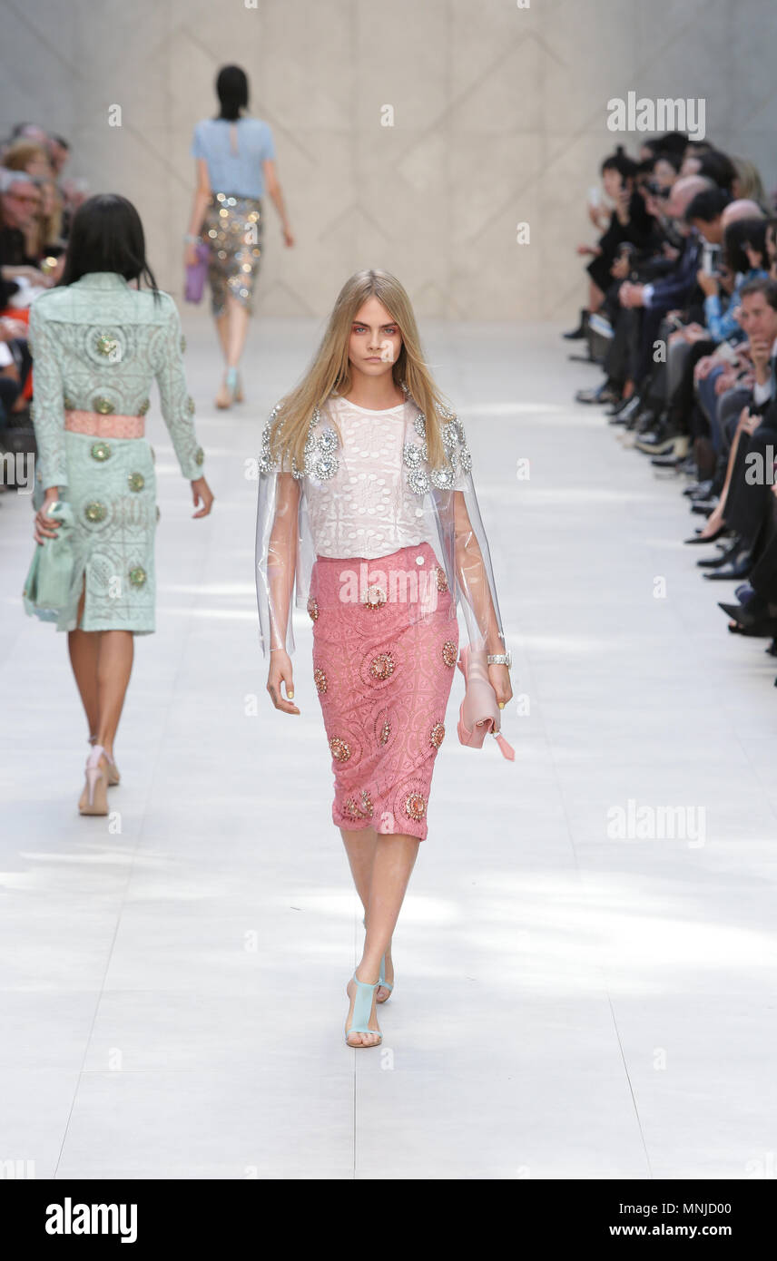 Model (Cara Delevingne) on the catwalk at the Burberry Prorsum fashion show during London Fashion Week SS 2014. Somerset House, London 16 September 2014  --- Image by © Paul Cunningham Stock Photo