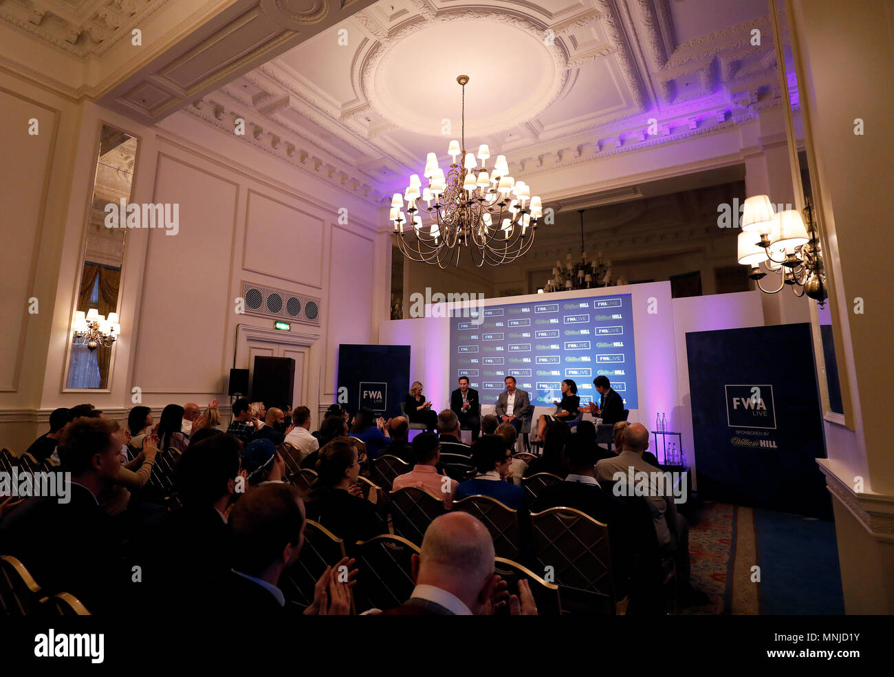 (Left to right) Carrie Brown journalist, Frank Lampard former England international and Chelsea player, Paul McCarthy Executive Secretary of the FWA, Alex Scott former England international and Arsenal Ladies player and Neil Ashton journalist during the William Hill FWA Live event at the Landmark Hotel, London. Stock Photo
