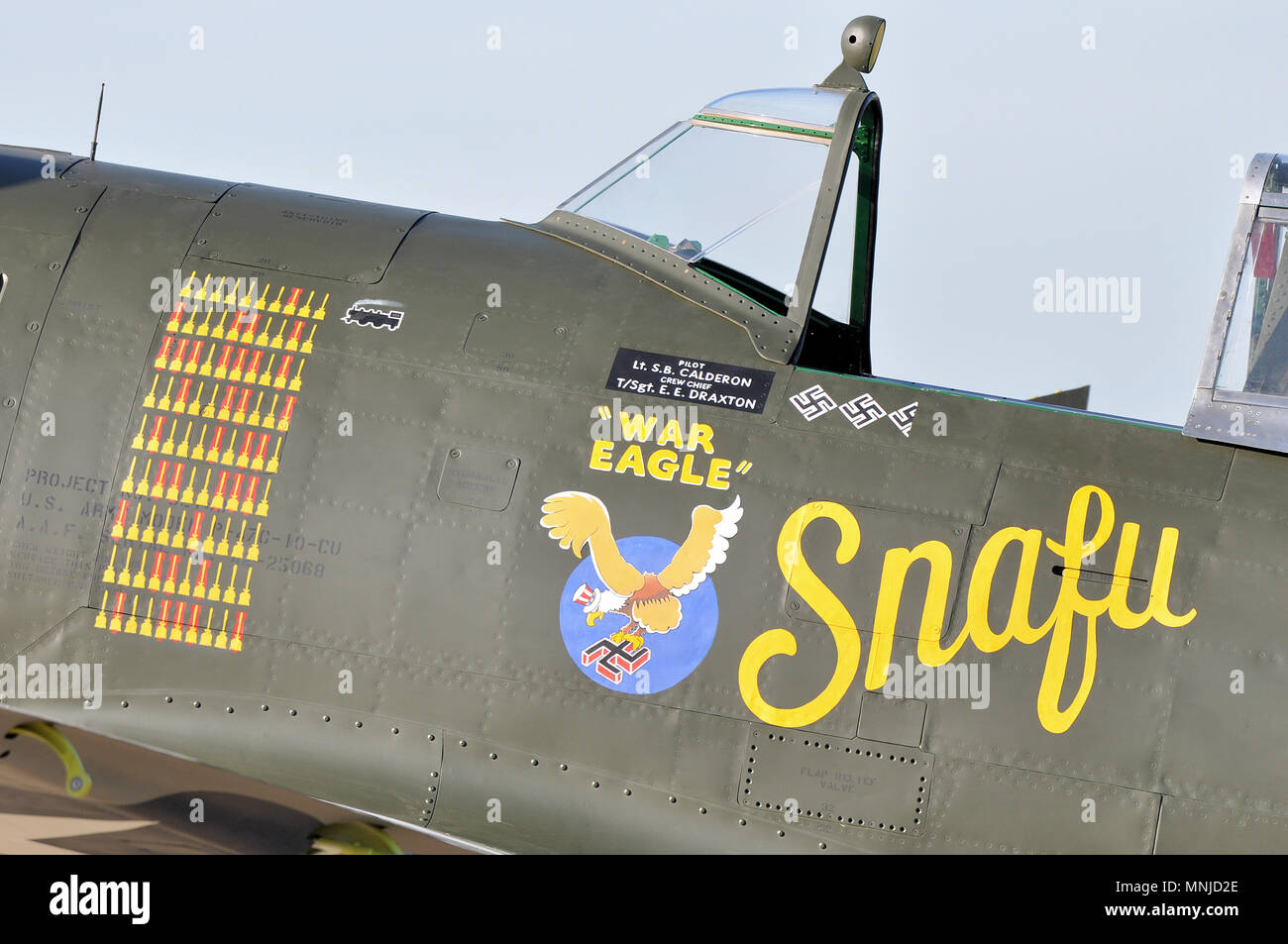 Republic P-47 Thunderbolt named Snafu, War Eagle World War Two, Second World War fighter plane rolled out after painting. War Eagle artwork Stock Photo