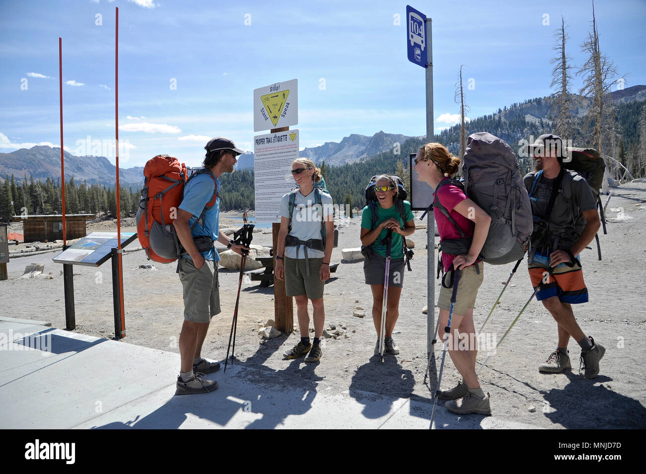 Backpackers at Horseshoe Lake Trailhead in Mammoth Lakes on trek of
