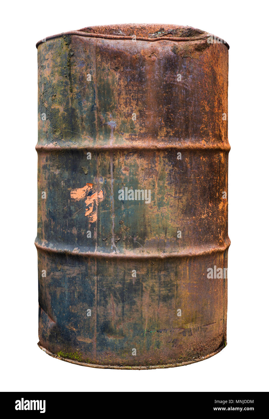 An Isolated Rusty Old Oil Barrel Or Drum On A White Background Stock Photo