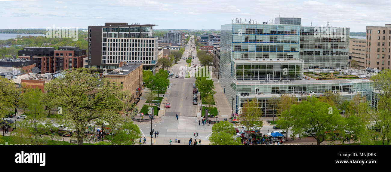 High angle view of Madison, Wisconsin, East Washington Avenue and the