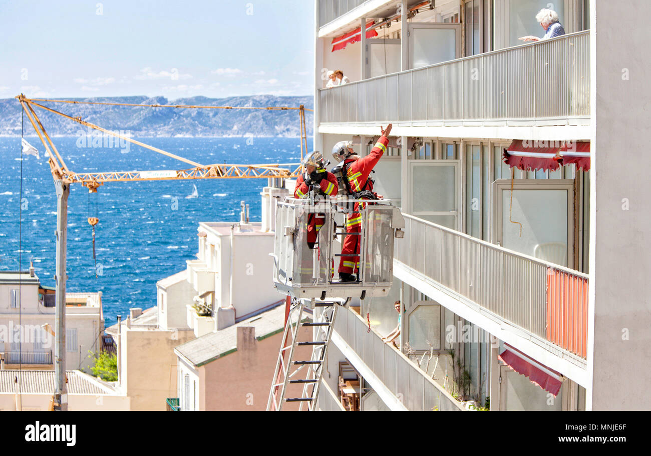 The Marseille Naval Fire Battalion (French: Bataillon de marins-pompiers de Marseille, or BMPM), is the fire and rescue service for the city of Marseille. The battalion is a branch of the French Navy (French: Marine nationale), and consists of fully military personnel, like the Paris Fire Brigade (a branch of the French Army), and PGHM (a branch of the French Gendarmerie). Stock Photo