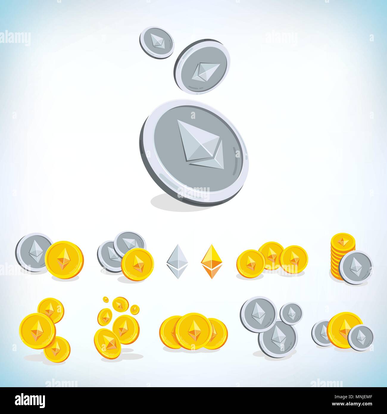 Ethereum. 2D cartoon coin. Digital currency. Cryptocurrency. Golden coins  with symbol isolated on white background. Stock vector illustration Stock  Vector Image & Art - Alamy