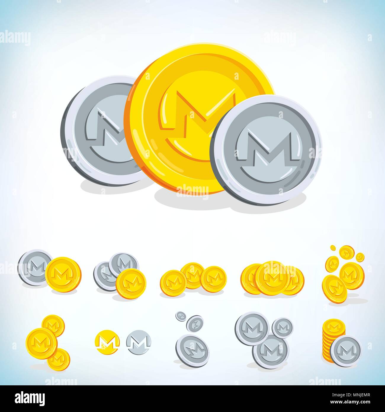monero. 2D cartoon bit coin. Digital currency. Cryptocurrency. Golden ...