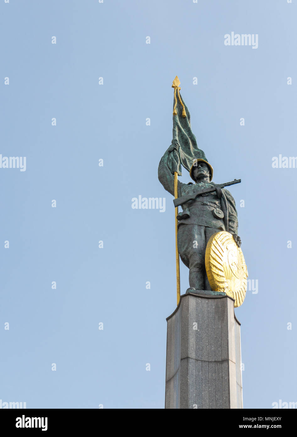 Vienna Austria May.10 2018, view at Russian solder against blue sky at the Soviet memorial complex in Vienna Stock Photo