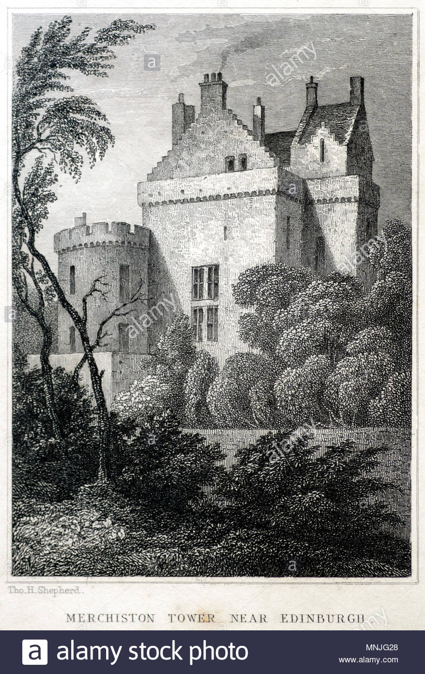 Merchiston Tower, Edinburgh, antique engraving from 1829 Stock Photo