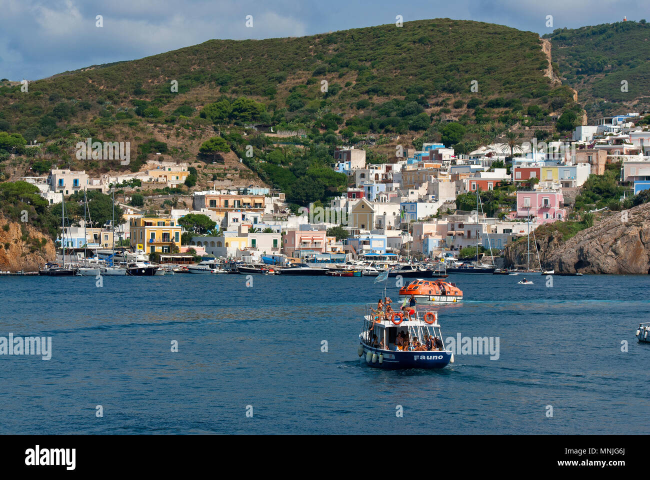 Boat tour and Santa Maria village at Ponza Island, Lazio, Italy Stock Photo