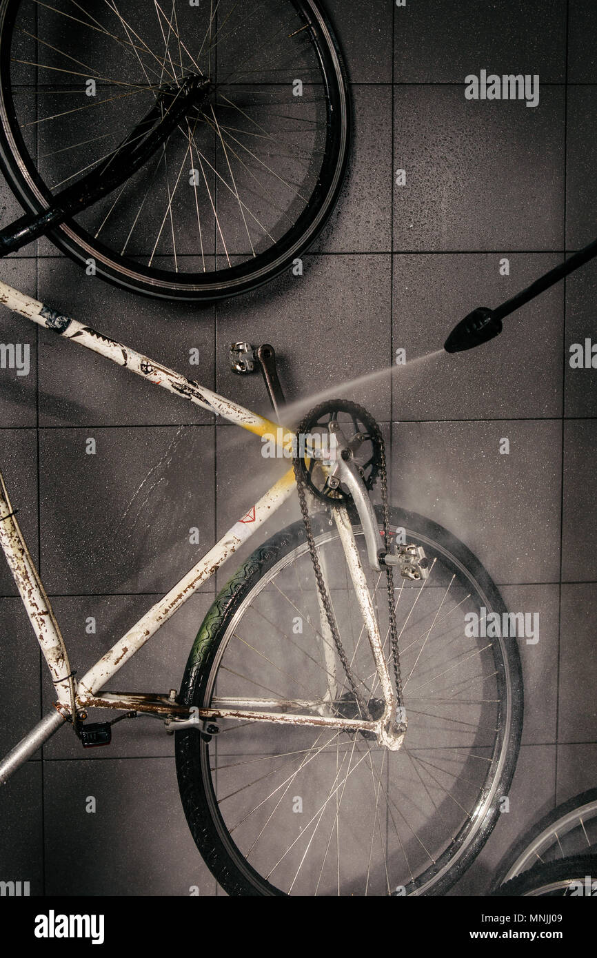 Services professional washing of bicycle in the Closeup of