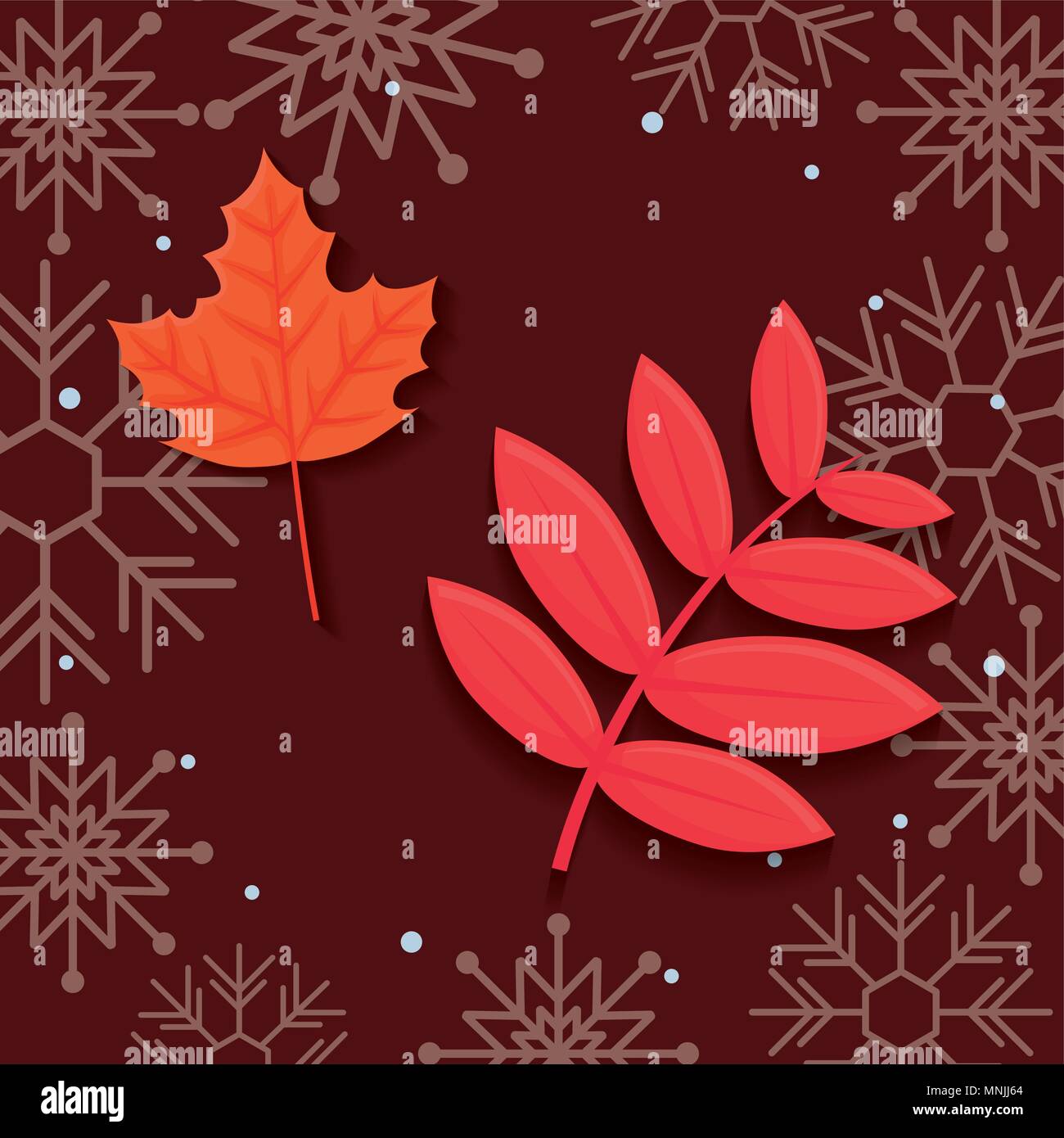 Autumn leaves design with maple and rowan leaves icon over brown and ...