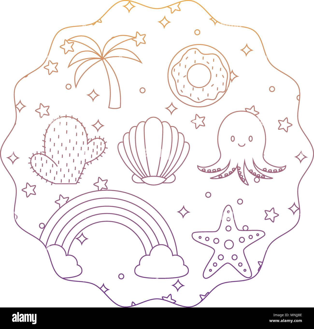 circular frame with cute octopus and related icons pattern over white ...