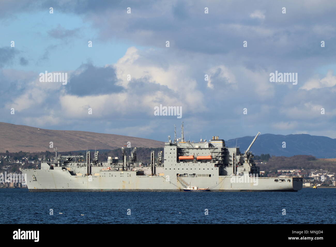 USNS William McLean (T-AKE-12), a Lewis and Clark-class replenishment vessel operated by the US Navy, off Greenock during Exercise Joint Warrior 18-1. Stock Photo