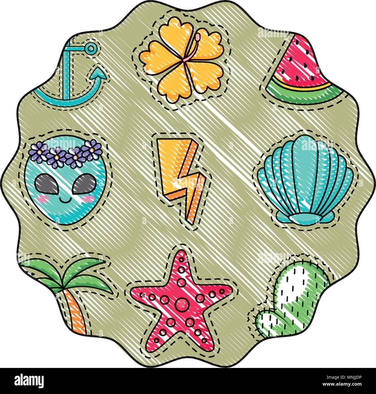 circular frame with alien and tropical palms pattern over background ...
