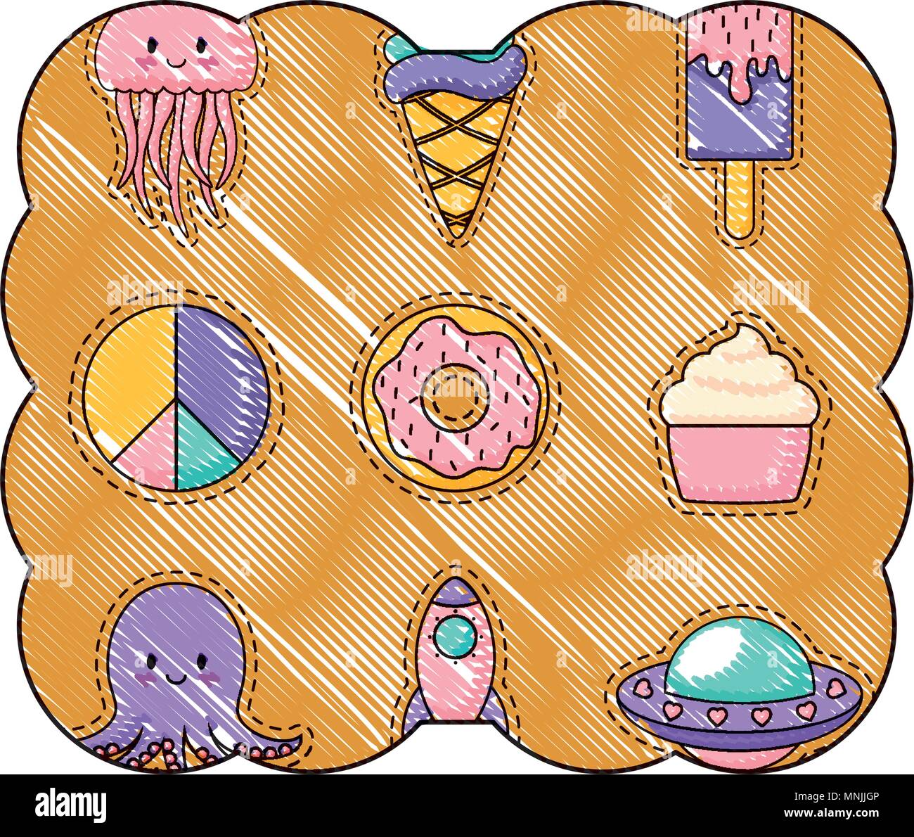 decorative frame with ice creams and donuts pattern over white