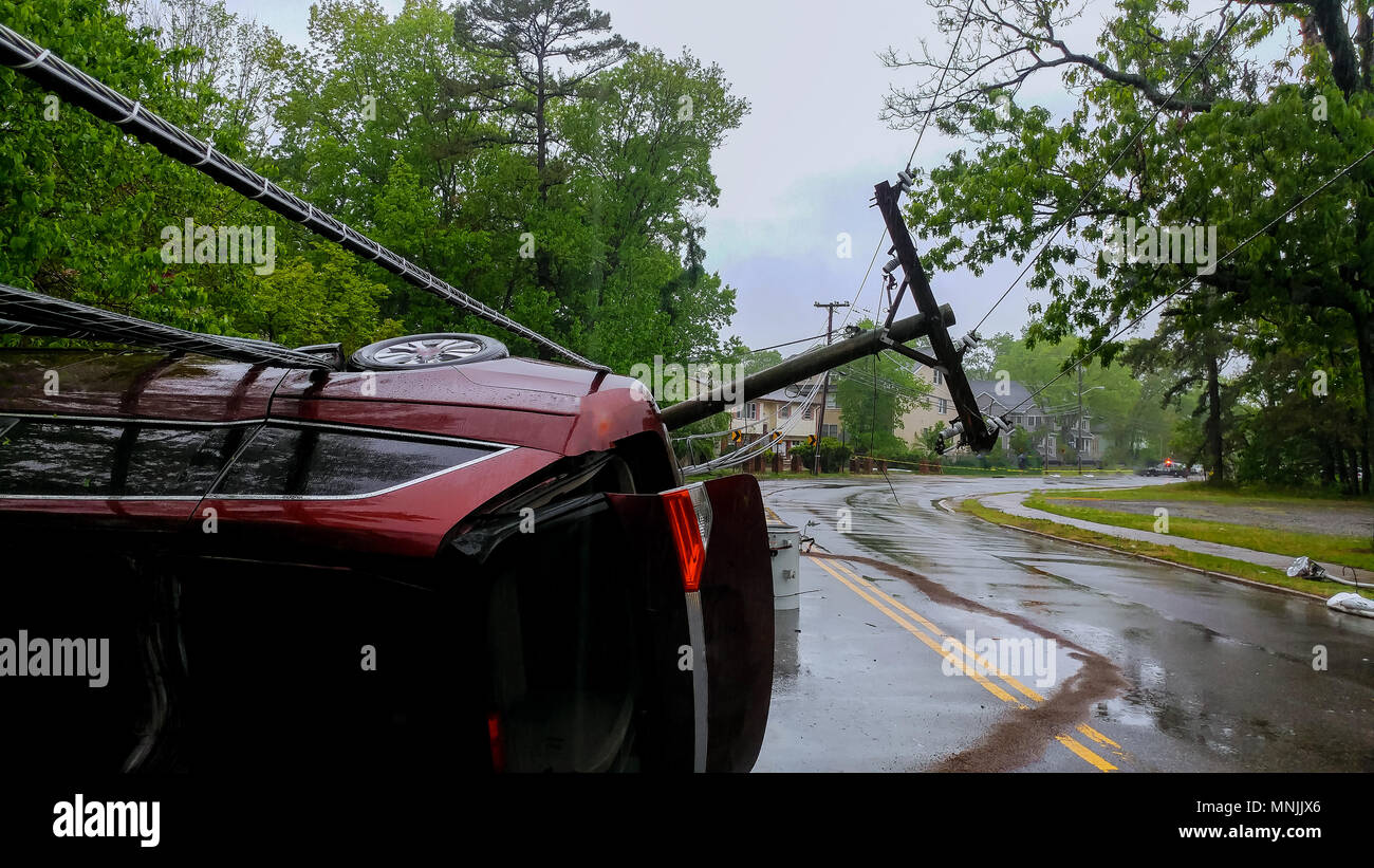 A close-up of the front car accident, collided with an electric pole ...