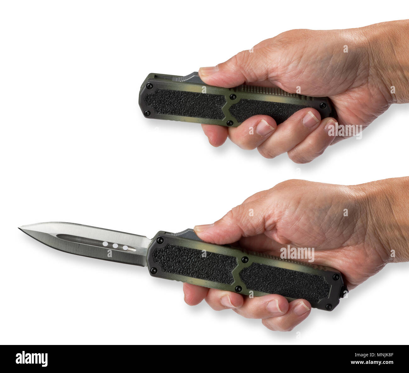 Automatic knife sometimes called a switchblade open with finger button. Stock Photo