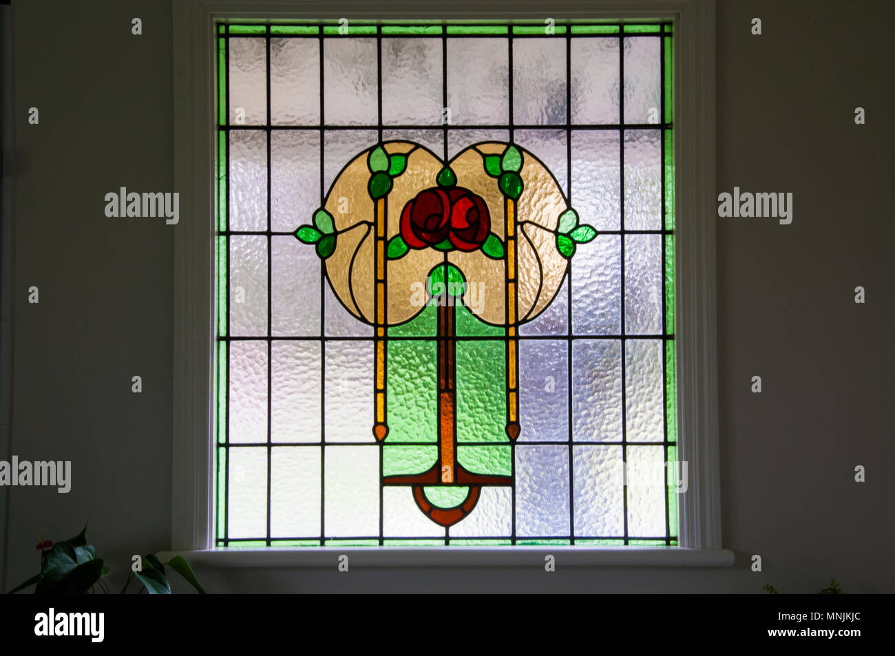Decorative leadlight glass motifs in an innercity Art Nouveau