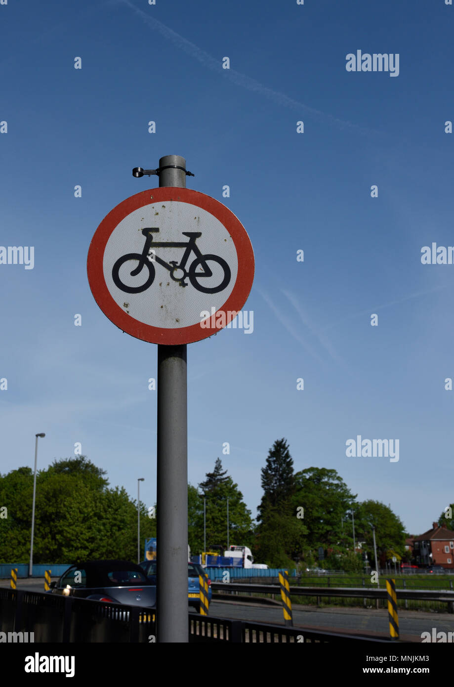 No cycling traffic sign at side of M56 in Prestwich near bury lancashire uk Stock Photo
