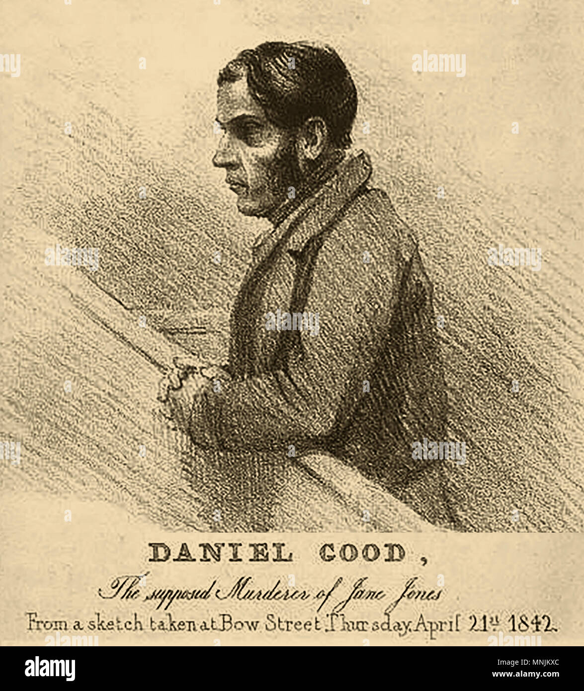 Courtroom portrait of criminal Irish coachman Daniel Good alias Connor ,   murderer of Jane Good alias Jones - Pictured in Bow Street Dock 1842 Stock Photo