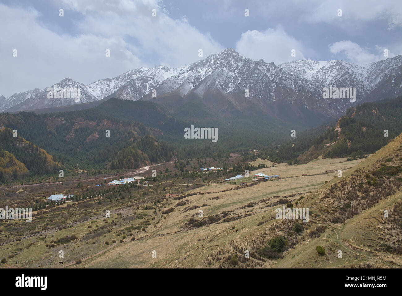 View of the Qilian Mountains from the Mati Si Temples, Gansu, China Stock Photo
