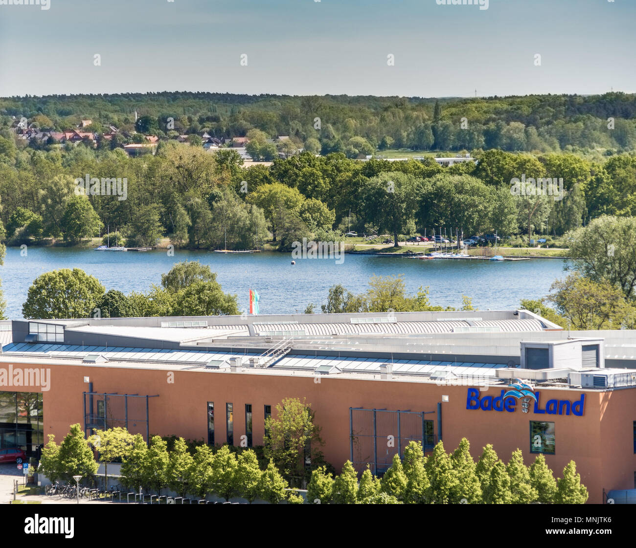 Wolfsburg, lower saxony, germany, May 5, 2018: aerial view over the main building of the Badeland, a public swimming pool, over the Allersee to the ou Stock Photo