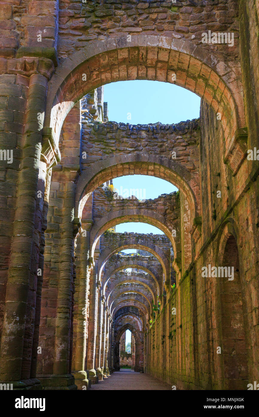 England, North Yorkshire, Ripon. Fountains Abbey, Studley Royal. UNESCO World Heritage Site. National Trust, Cistercian Monastery. Ruins of archways n Stock Photo