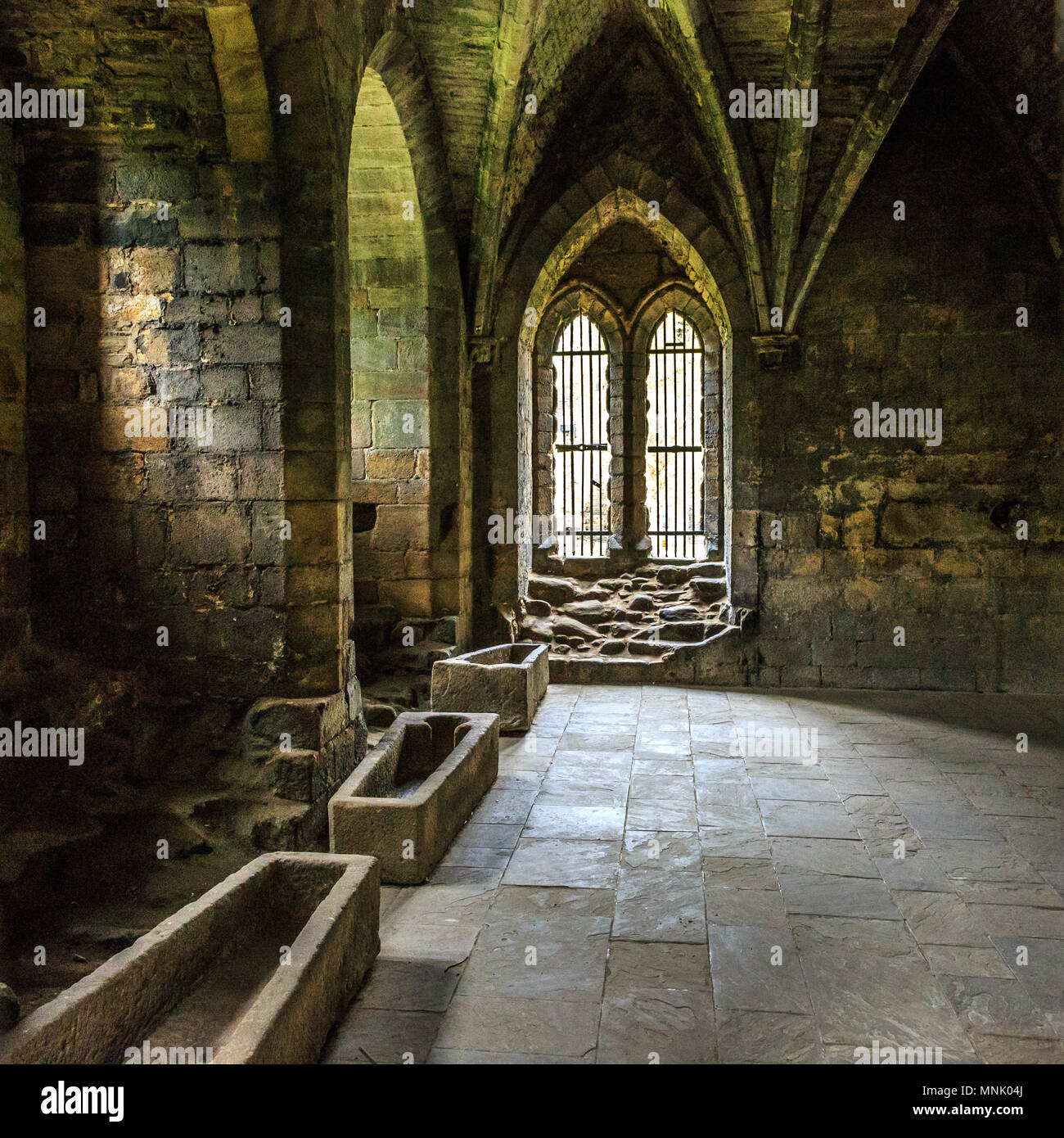 England, West Yorkshire, Leeds, North Bank of river Aire. Kirkstall Abbey, 12th century Cistercian Monastery ruins. Stock Photo
