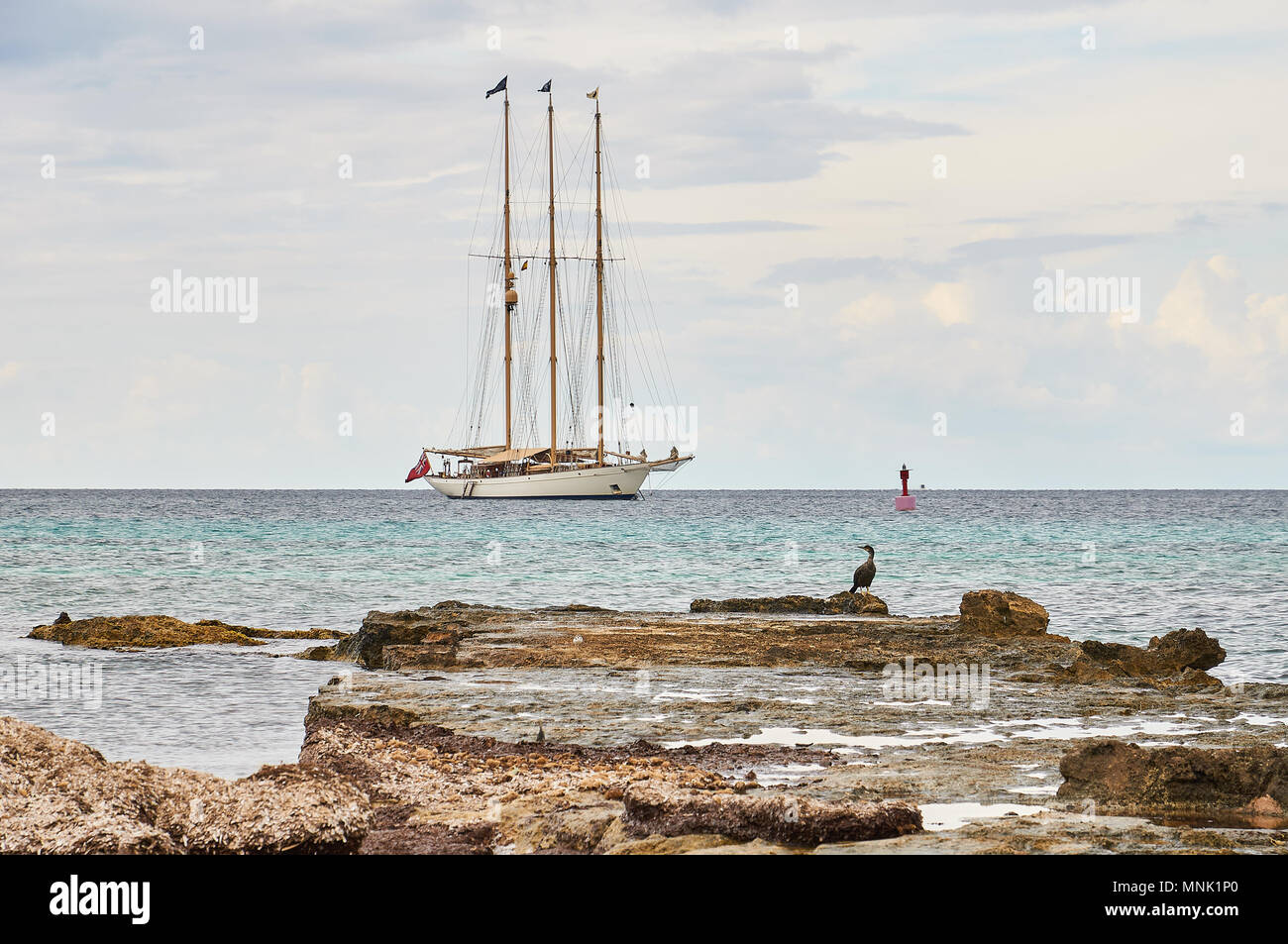 View of an anchored classic sailboat with Red Ensign flag and an european shag (Phalacrocorax aristotelis) in Formentera (Balearic Islands, Spain) Stock Photo