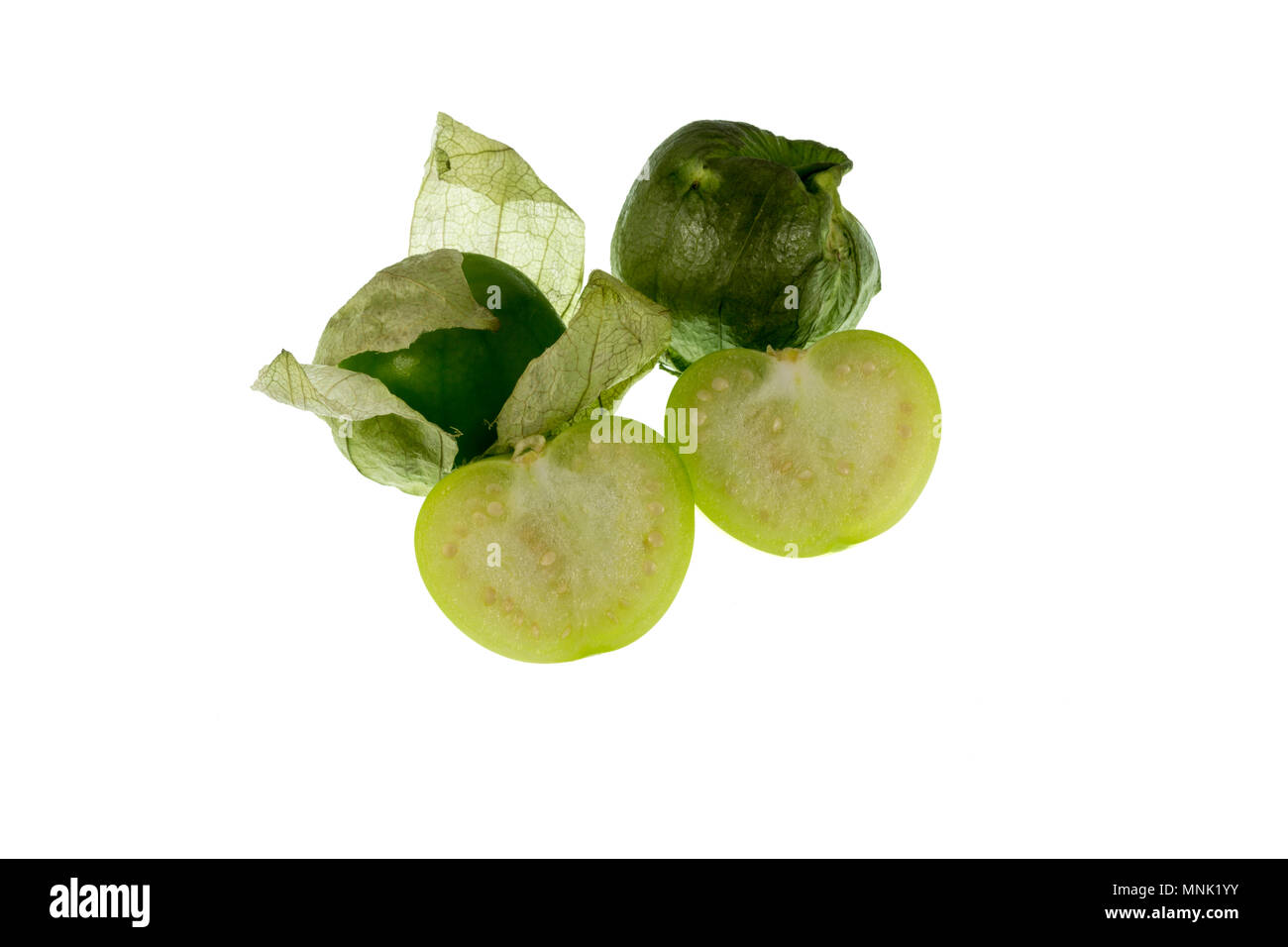 Tomatillo or Mexican Husk Tomato, Physalis philadelphica, showing the seed pulp Stock Photo