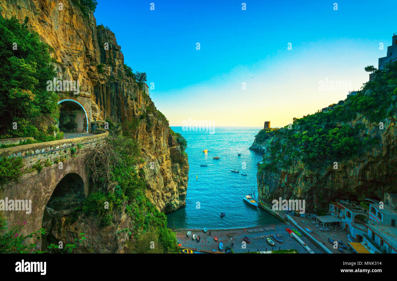 Furore beach bay in Amalfi coast, panoramic view. Italy, Europe Stock Photo