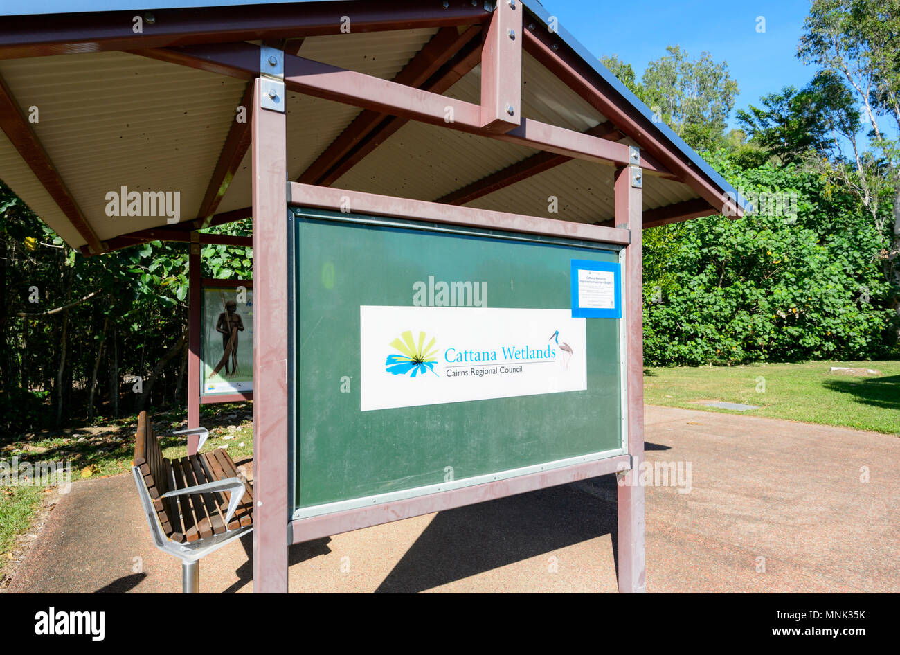 Sign and shelter at the entrance of Cattana Wetlands, a rehabilitated nature conservation park in Smithfield, near Cairns, Far North Queensland, FNQ, Stock Photo